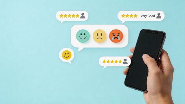 Hand holding smartphone displaying customer reviews and star ratings, feedback survey and satisfaction score concept, social media comments and user experience.