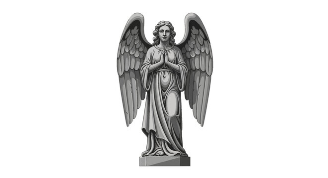 Vector illustration of a carved stone angel statue with large wings and hands in prayer, grayscale religious monument sculpture on a pedestal isolated on white background.