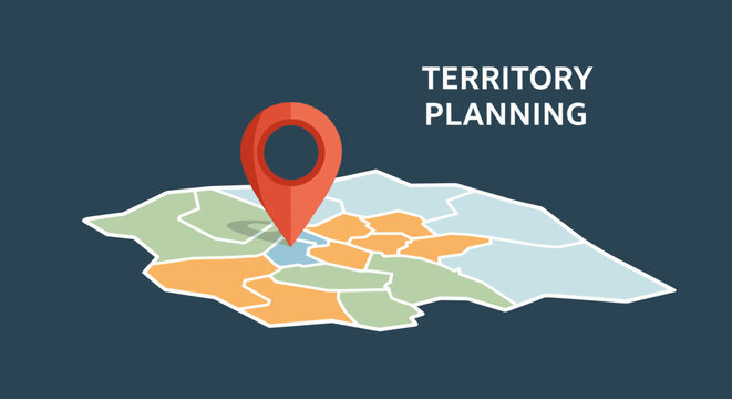 Territory Planning Concept: Map Pin on City Area Map with Colored Districts