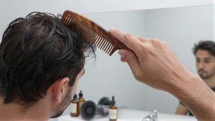 Fototapeta premium Man combs wet hair with wooden comb in bathroom mirror reflection.