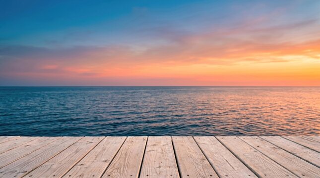 Wooden deck overlooking calm ocean at sunset, empty terrace for product display, serene coastal background for travel marketing, peaceful seaside vacation concept, summer evening view