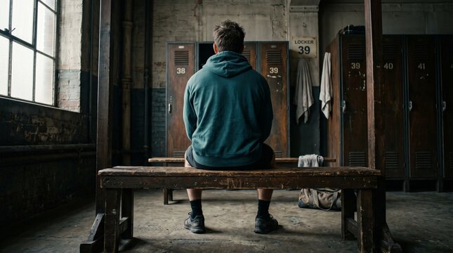 Athlete sitting alone in locker room after training session contemplating future 2026  american football world championship tournament