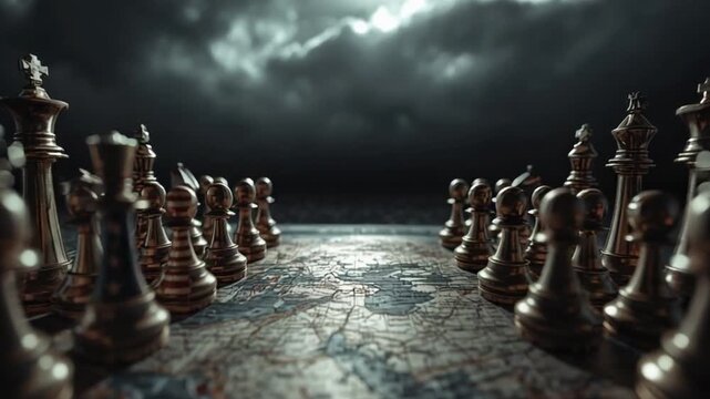 Strategic Chess Match Reflecting Iran Israel USA Rivalry. 4K Video