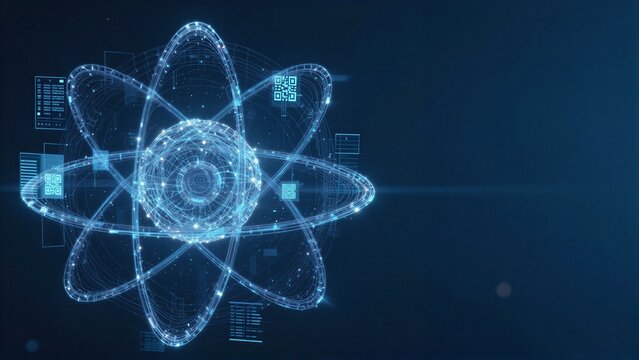 Futuristic atom model with glowing digital interfaces and QR codes floating in dark blue space.
