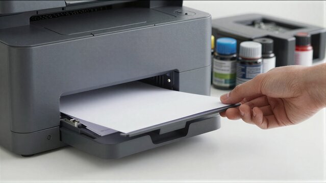 Hand pulls paper from printer, ink cartridges visible in background.