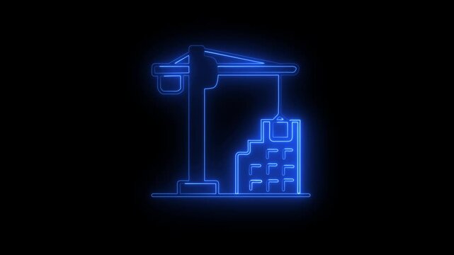 Blue Neon Glow Construction Crane Building Icon on Black Background image photo