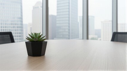 Fototapeta premium Succulent in black pot sits on wooden table, city skyline visible through large windows.