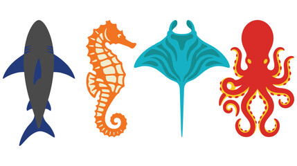 Ocean sea life animals colorful shark seahorse stingray octopus illustration. © MDTAZBIRHOSSAIN