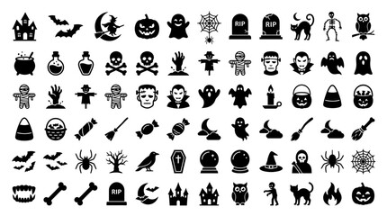 Fototapeta premium Halloween Vector Icon Set with Spooky Ghosts Pumpkins Bats and Haunted House Silhouettes