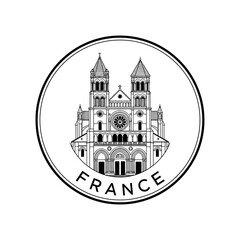 Fototapeta premium French Cathedral Emblem: Romanesque Architecture, Landmark Icon, Travel Stamp