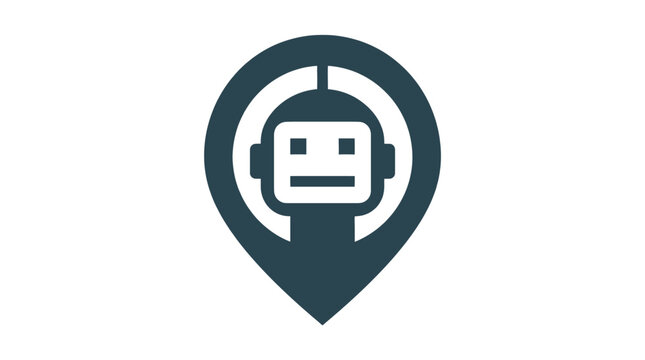 Dark grey map pin location pointer icon enclosing a friendly minimalist robot head silhouette for automated local positioning service identification