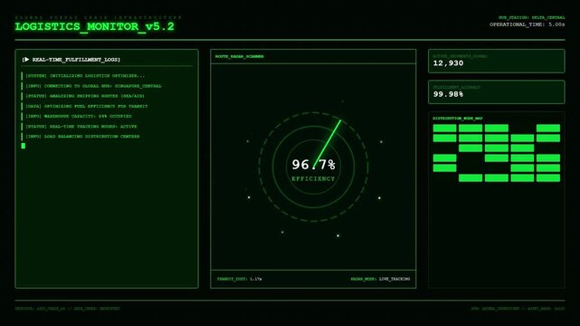 Logistics Monitor Global Supply Chain Fulfillment Route Radar Efficiency Tracking Dashboard Animation Technology.