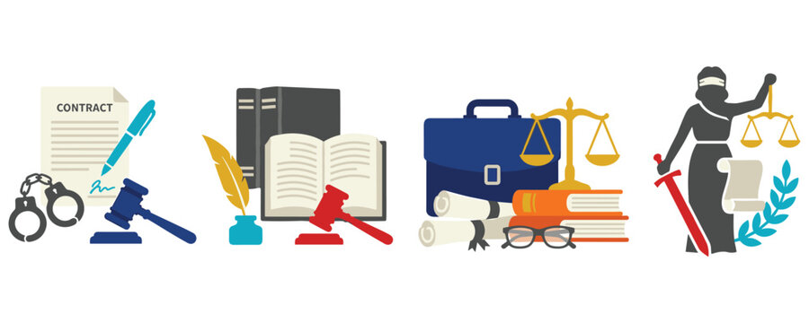 Law and justice symbols with contract and scales set.