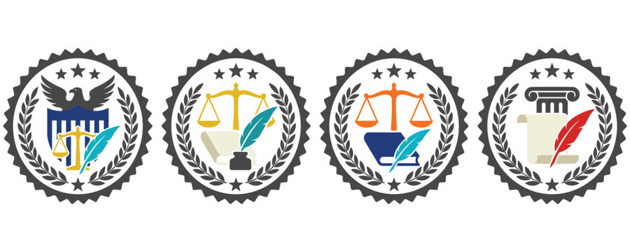 Law and justice emblems set, legal symbols collection.