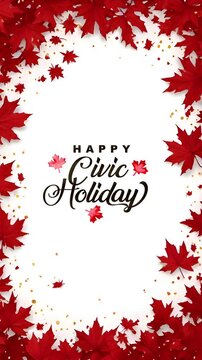Red maple leaves border white background with black artistic text, perfect for civic holiday designs that exude joy and celebration.