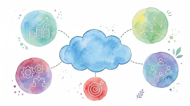 Abstract Pastel Watercolor Cloud Diagram with Colorful Circles for Creative Business Concept