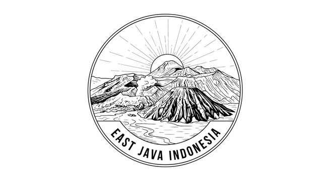 Mount Bromo Volcano Landscape Emblem, East Java, Indonesia - Vintage Line Art