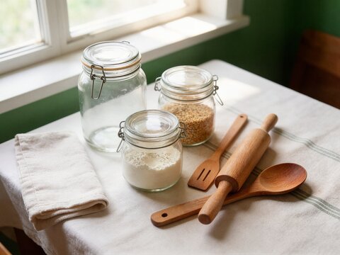 Rustic baking ingredients in airtight glass jars with wooden rolling pin and spoons for traditional pastry recipe website background