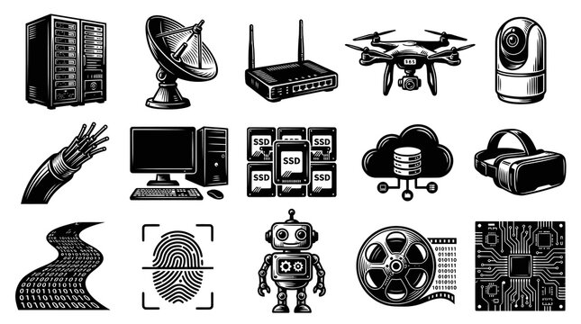 Technology Icons: Server, Drone, VR, Robot, Cloud, Circuit Board, Binary Code, Fingerprint, SSD