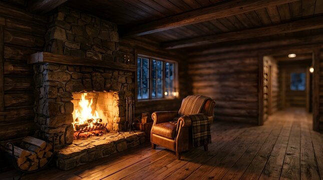 Cozy leather armchair by a warm stone fireplace inside a rustic log cabin