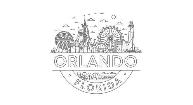 Orlando Florida Skyline Line Art - Iconic Landmarks and Ferris Wheel