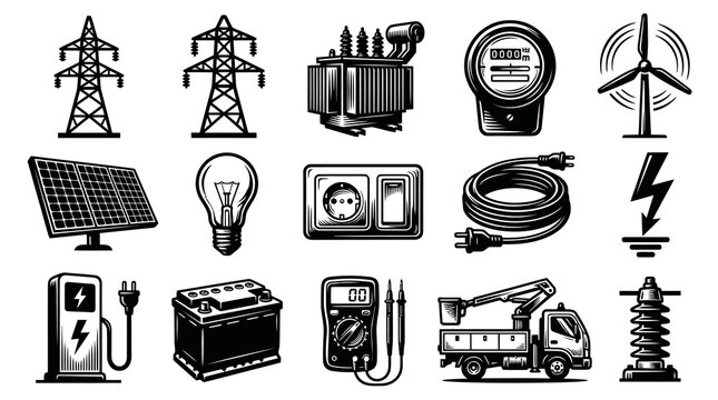 Electrical Power Industry Icons: Transmission Towers, Solar Panel, Transformer, Wind Turbine