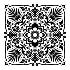 Black And White Ornate Floral Mandala Square Tile Pattern Vector Illustration © Asyam Design