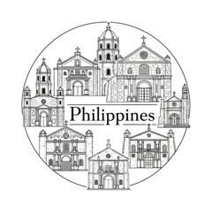 Obraz premium Philippines Churches Collection - Vintage Line Art Landmark Illustration