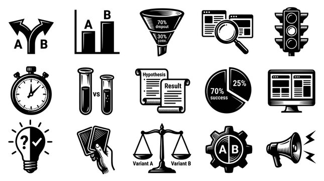 AB Testing Icons Set: Data Analysis, Comparison, Strategy, Digital Marketing, Vector