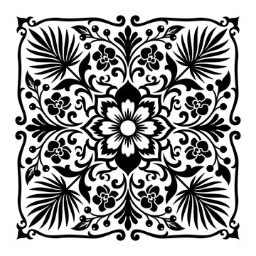 Black And White Ornate Floral Mandala Square Tile Pattern Vector Illustration