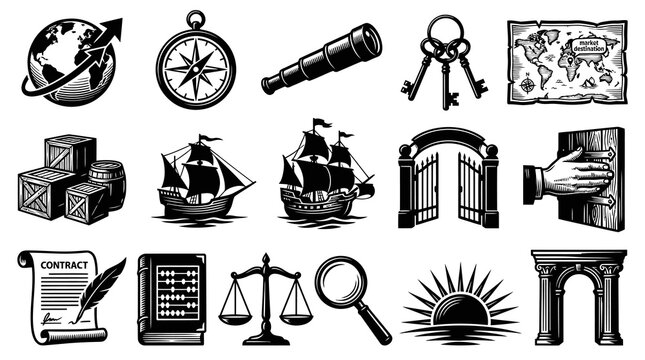 Vintage Nautical and Business Icons: Compass, Ship, Globe, Map, Keys, Contract, Telescope