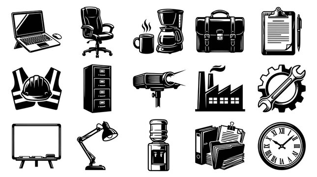 Black and White Business and Office Icon Set - Vector Illustration
