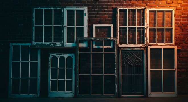 Assorted Vintage Window Frames Arranged Against a Textured Industrial Red Brick Wall in a Dimly Lit Cinematic Night Setting