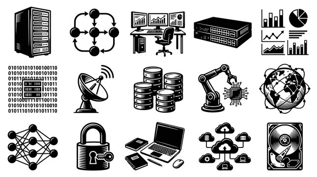 Black and White Technology Icons: Servers, Network, Computer, Data, Cloud, Security