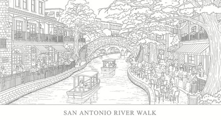 Obraz premium San Antonio River Walk Sketch: Boats, Buildings, Trees, and Bridges in Artistic Line Drawing