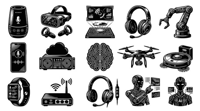 Technology, AI, Smart Home  IoT Devices: Vintage Engraved Black  White Line Art Icons Set