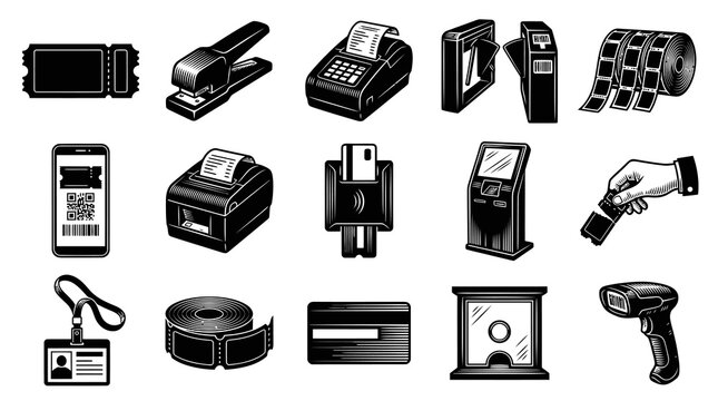 Black and White Icons of Ticketing and Access Control Technology