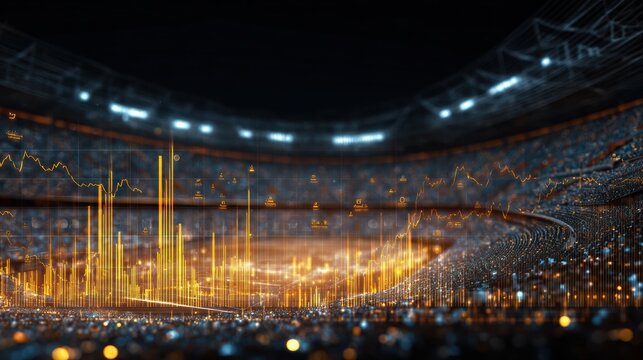 A stadium is brightly lit with data charts floating above, representing a modern concept in football betting featuring analytics and probabilities.