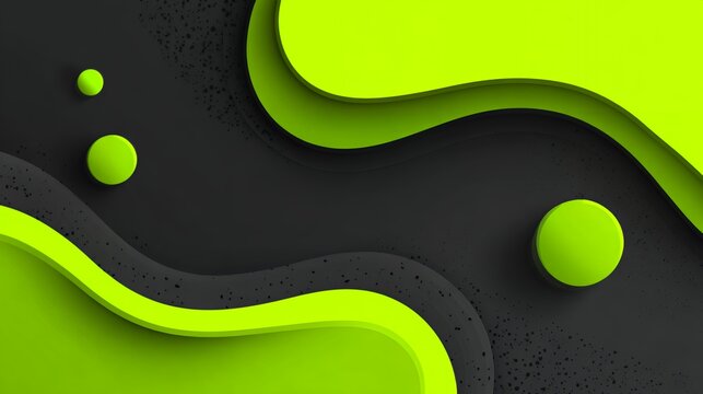 Abstract 3D layered papercut background with vibrant neon lime green and textured dark grey wavy shapes and floating circles