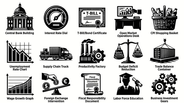 Finance Icons Set: Black  White Vector Graphics for Business and Economy