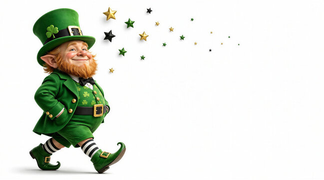 Smiling 3D Style Leprechaun Walking with Magic Floating Stars on White Background