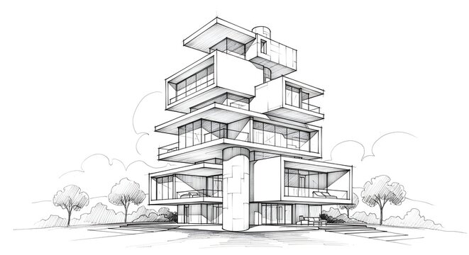 Modern architectural sketch of stacked residential building blocks concept