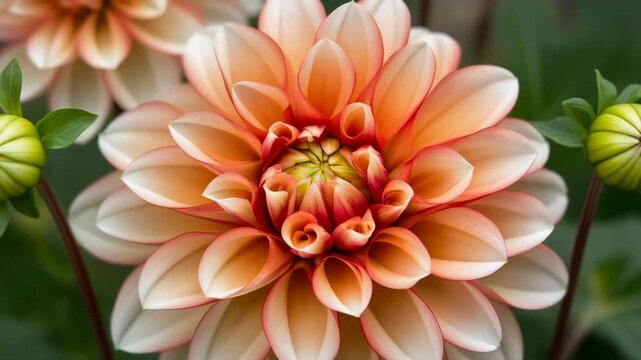 Close-up of a peach & white dahlia with many petals, with green leaves