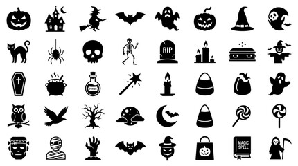 Fototapeta premium Set of Halloween Icons Featuring Spooky Characters and Festive Holiday Decorations in Flat Vector Style