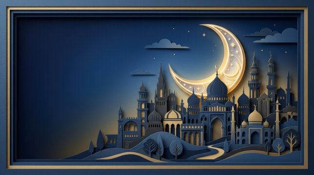 Sacrificial ritual under full moon in night cityscape with mosque silhouette and crescent