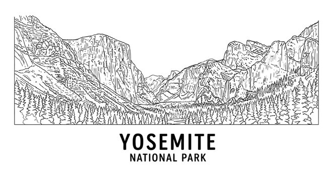 Yosemite National Park Landscape Line Drawing