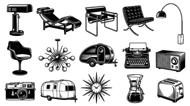 Black and White Line Art Icons of Mid-Century Modern Furniture, Appliances, and Decor