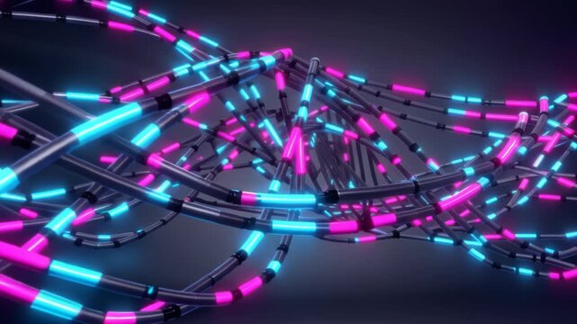 Abstract glowing neon DNA helix structure with vibrant pink and blue lights in a futuristic scientific concept
