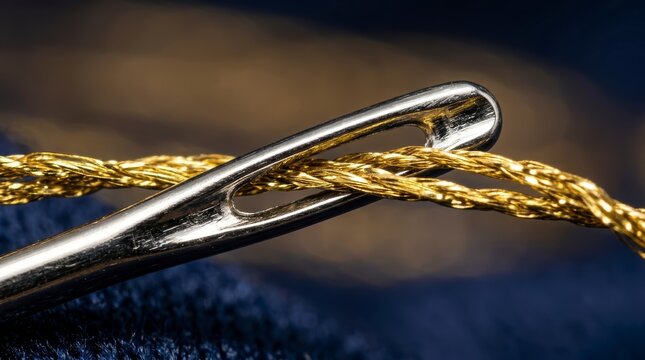 Cutting gold thread with scissors, close-up