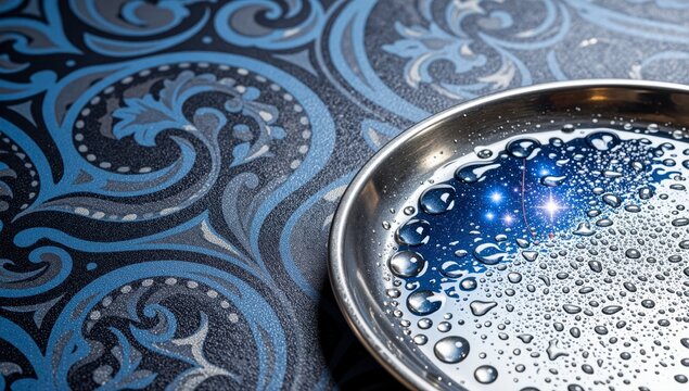 Close-up of water droplets on ornate blue and silver Islamic pattern for Eid al-Adha celebration